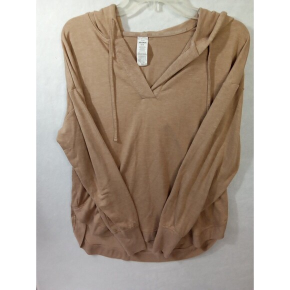 RBX Womens Medium Long Sleeve  V Neck Drawstring Hooded Top Brown Thumb Holes - Picture 7 of 8
